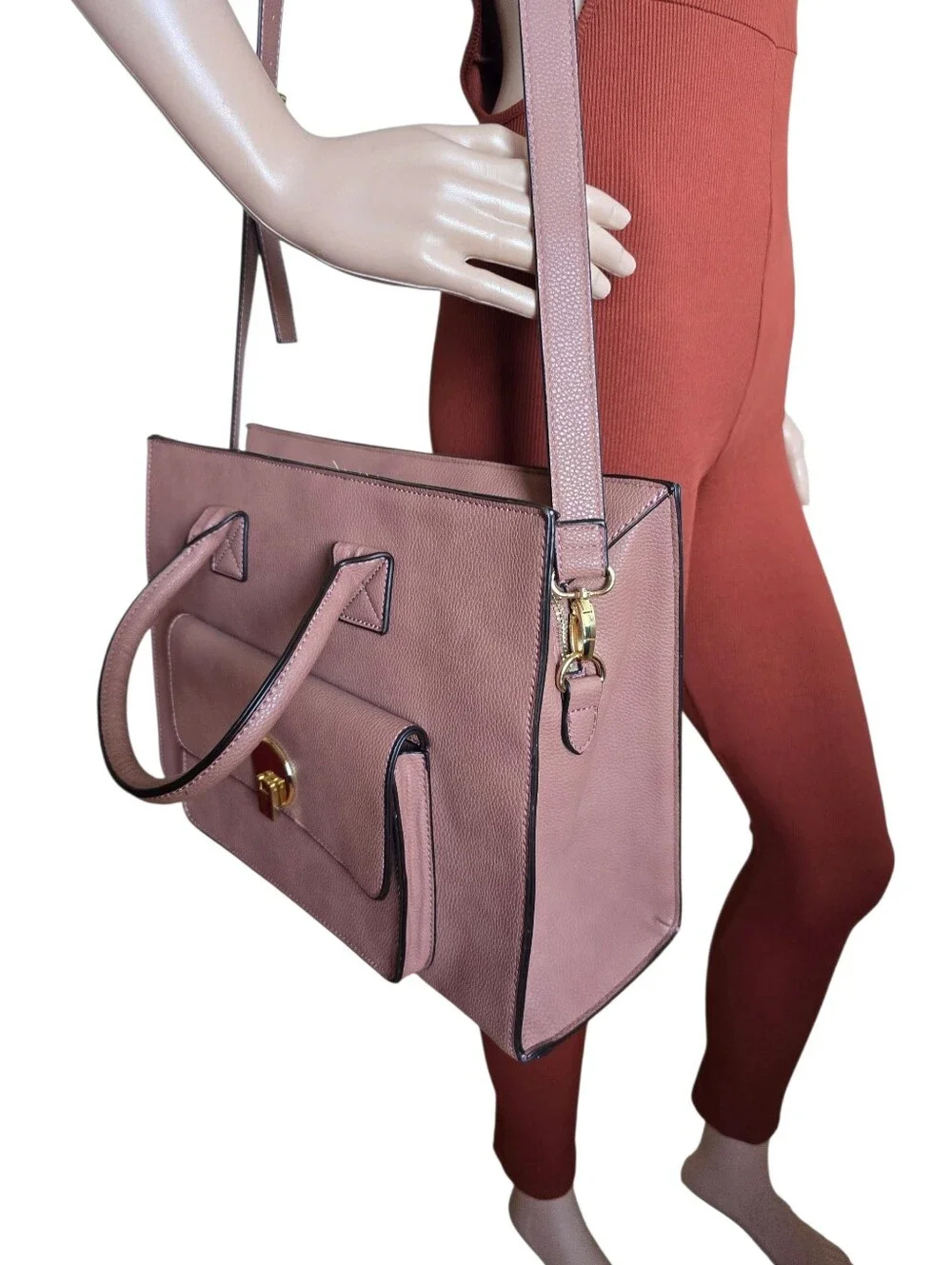 Justfab Women's Mauve Pink Pebbled Faux Leather Large Satchel Tote Handbag - Picture 3 of 16